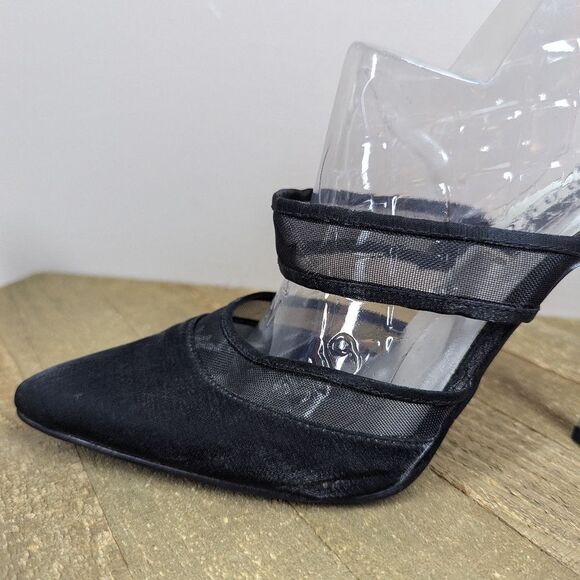 Vintage 90s BATA Black Mesh Strap Heels Size 8 Mule Slip On Pointed Toe - Picture 7 of 11